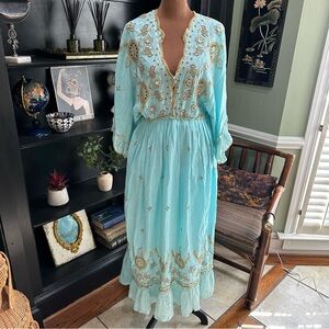 Anisa Embroidered Baby Blue Goddess Dress Tassel Tie Free Size